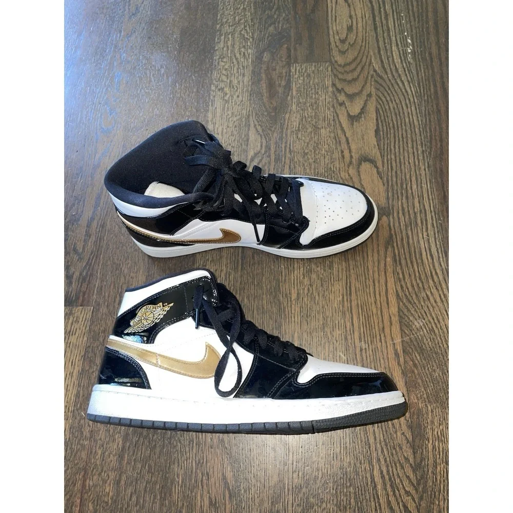 Nike Air Jordan 1 Sneakers Shoes Mid Patent Black White Gold 852542-007